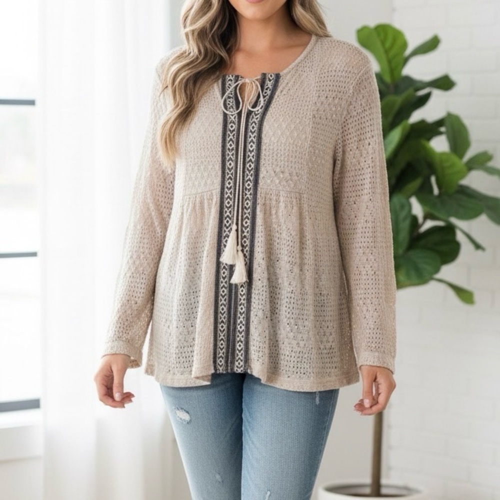 Simply Noelle Beige Knit Blouse Cottagecore boho crochet style size‎ 12-14